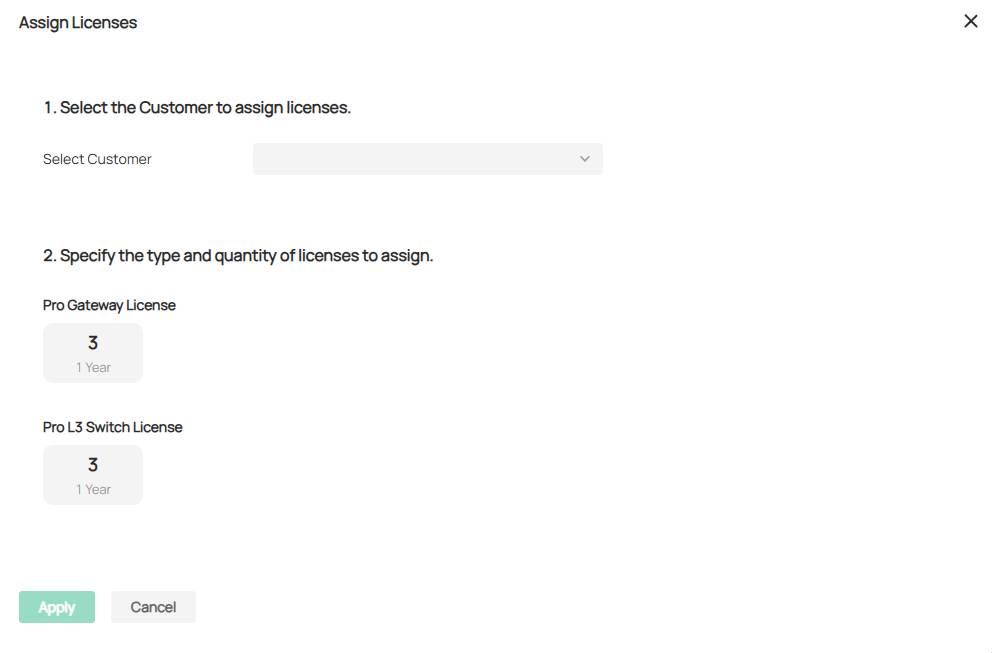 ALT TEXT: License selection page for license assignment to customers in MSP mode.