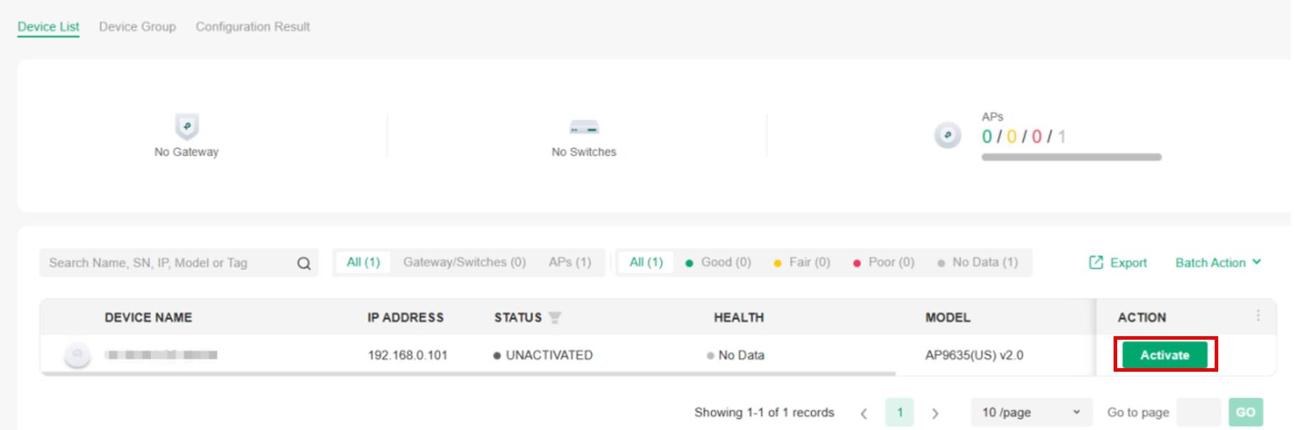 ALT TEXT: Active option in the Action column of the device list.