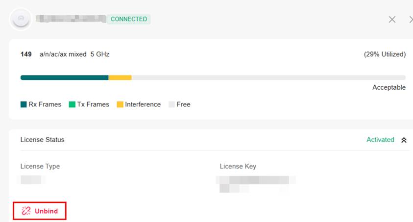 ALT TEXT: Unbind button in the License Status page of the device.