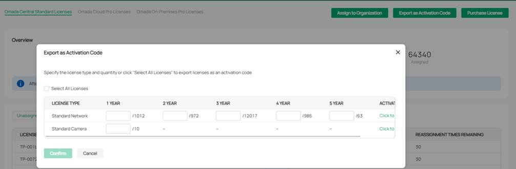 ALT TEXT: License selection page for license exporting.