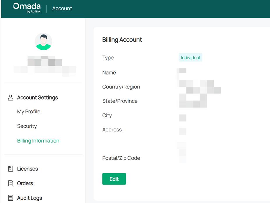 ALT TEXT: Billing Information of the account settings.