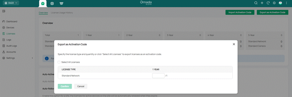 ALT TEXT: License selection page for license exporting in organization's global view.