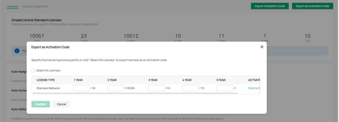ALT TEXT: License selection page for exporting in MSP mode.