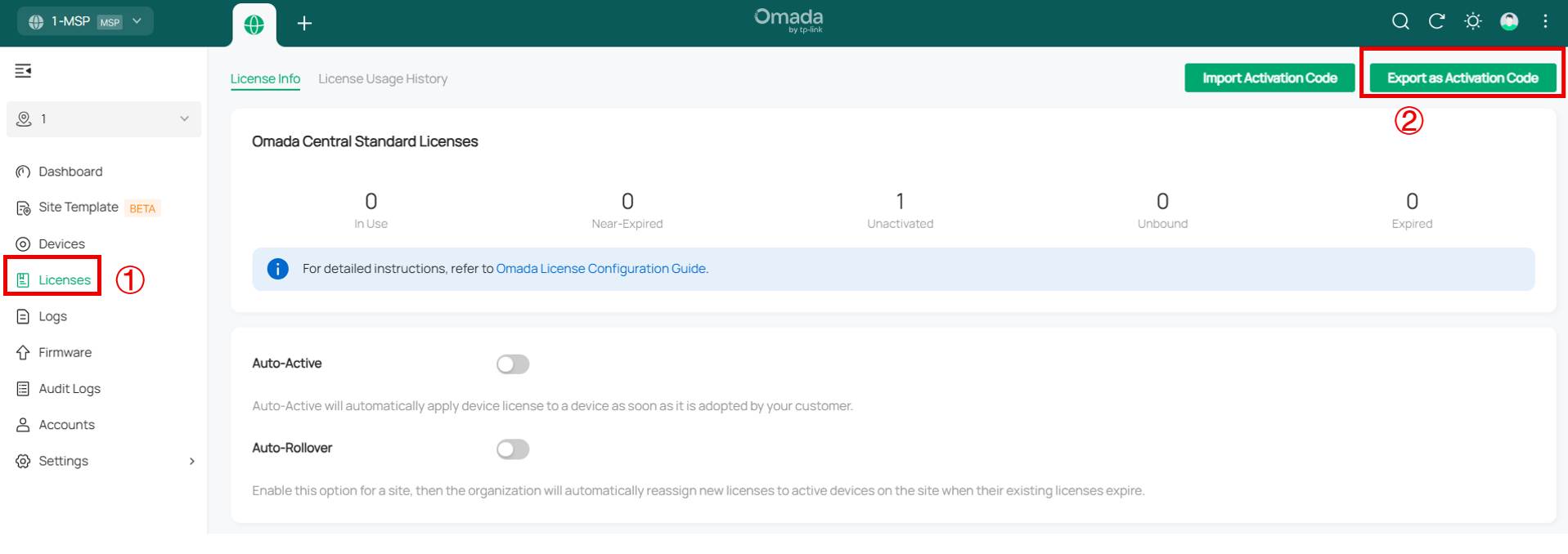 ALT TEXT: Export as activation code at the top right of the License page for a MSP's customer.