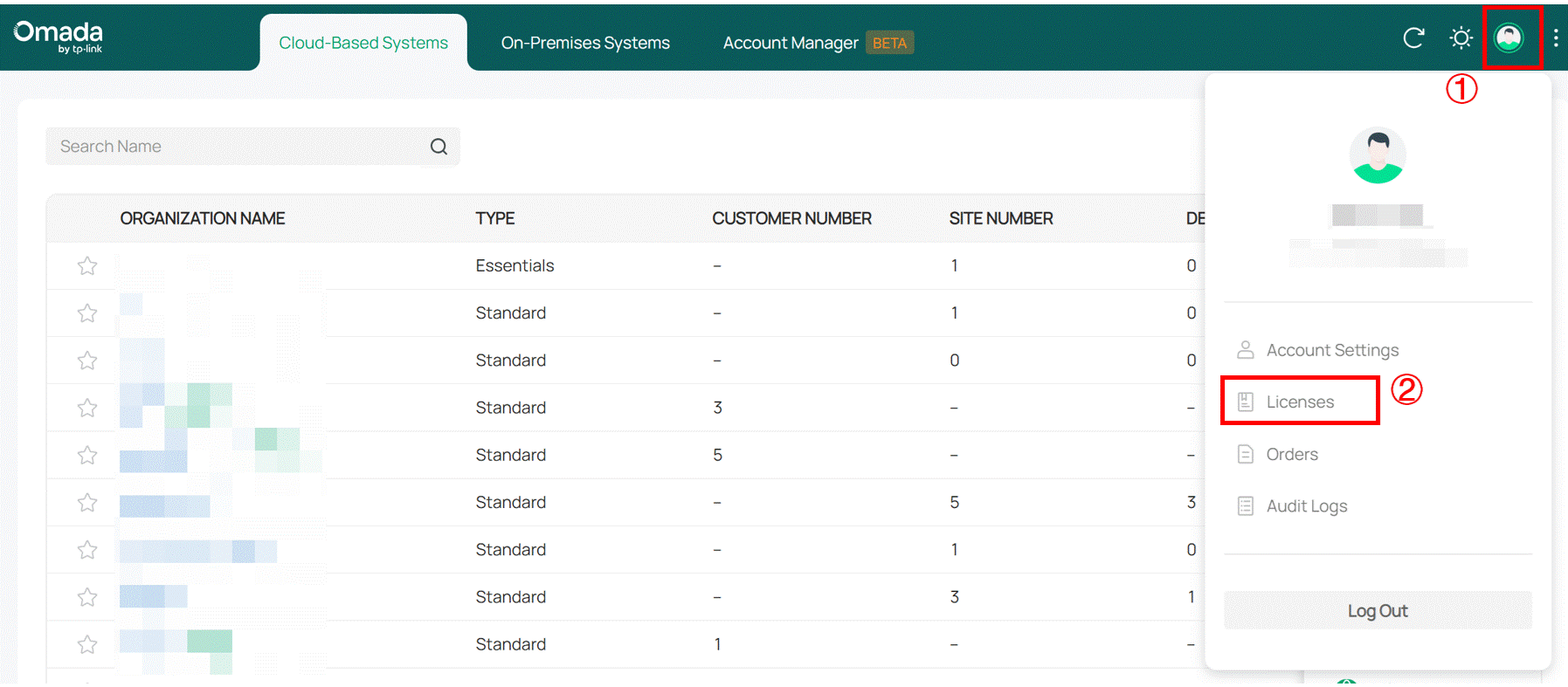 ALT TEXT: Click the account icon at the top right of the page and enter the license settings.