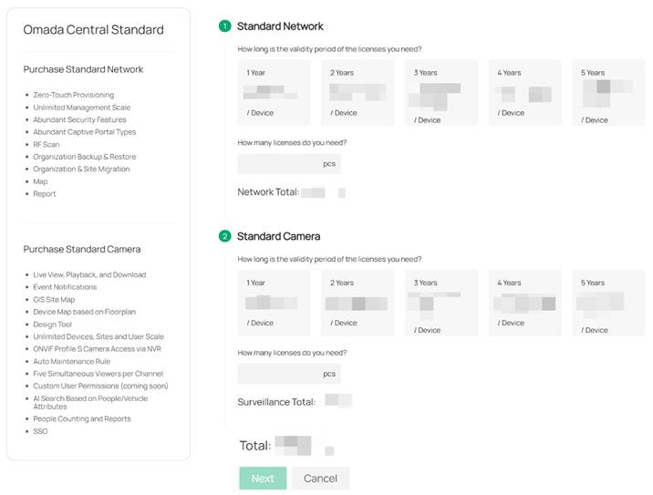 ALT TEXT: License purchase page with standard network and standard camera licenses available.