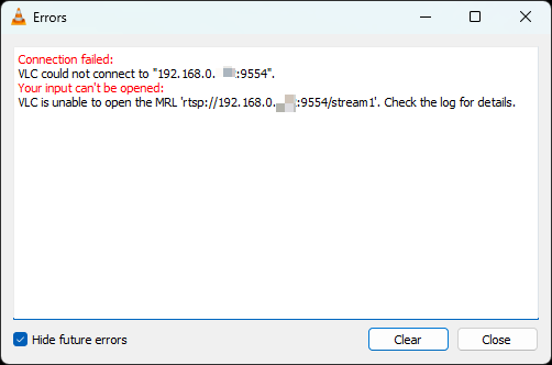 Alt text: An error shows up when the RTSP client failed to stream.