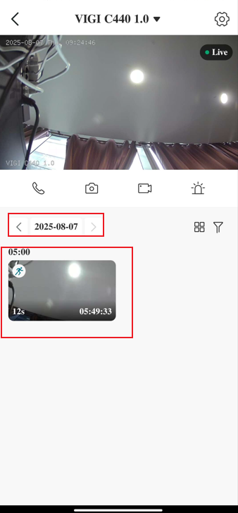 alt text: filtering events caused by motion detection according to dates