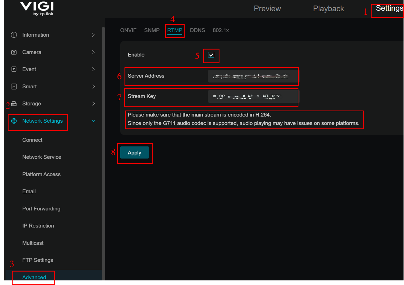 Alt text: Configure the VIGI Camera’s RTMP and Notes.