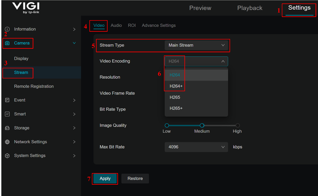 Alt text: Change the Main Stream’s encoding format to H.264/H.264+.