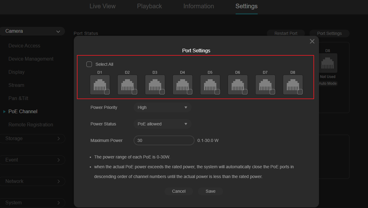 Alt text: Show the Port Settings page