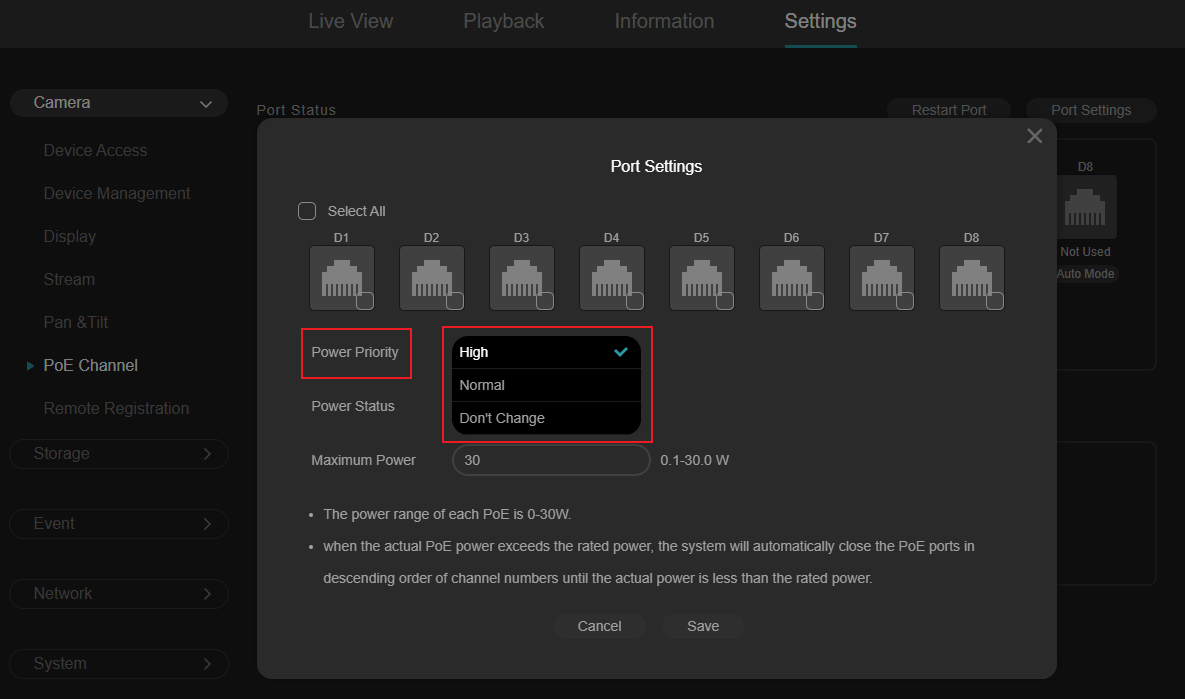Alt text: Displays all options for Power Priority.