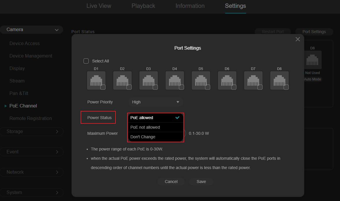 Alt text: Displays all options for power status