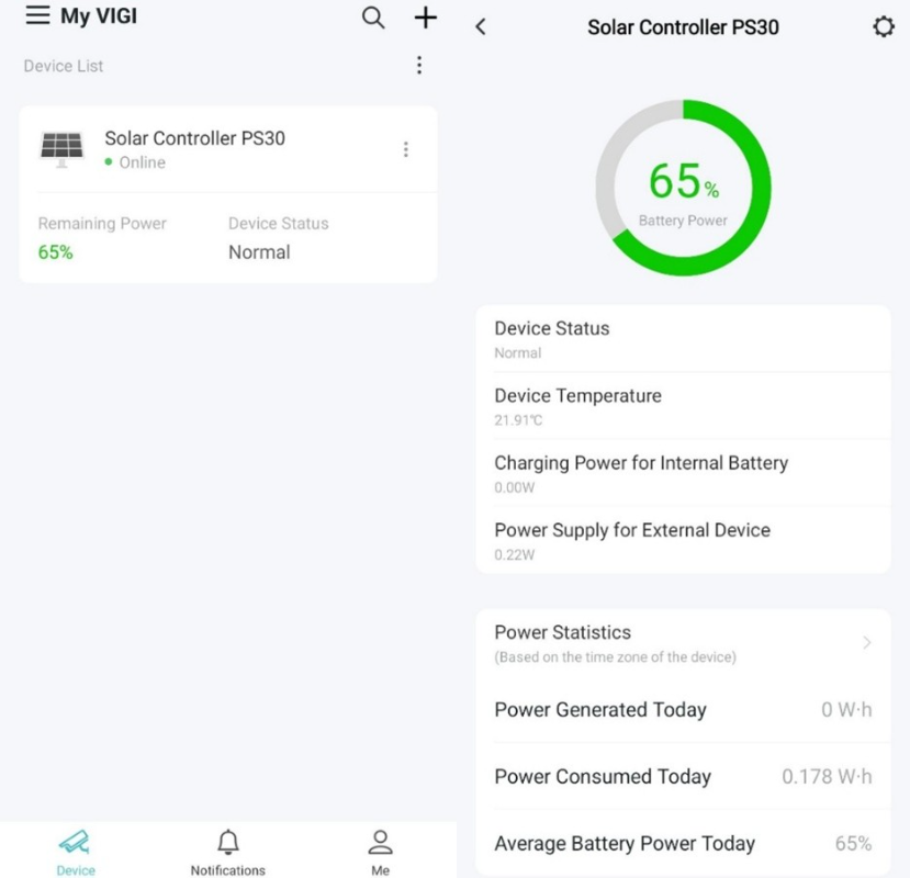 Alt text: screenshots of the VIGI App showing the solar controller status after adding it.