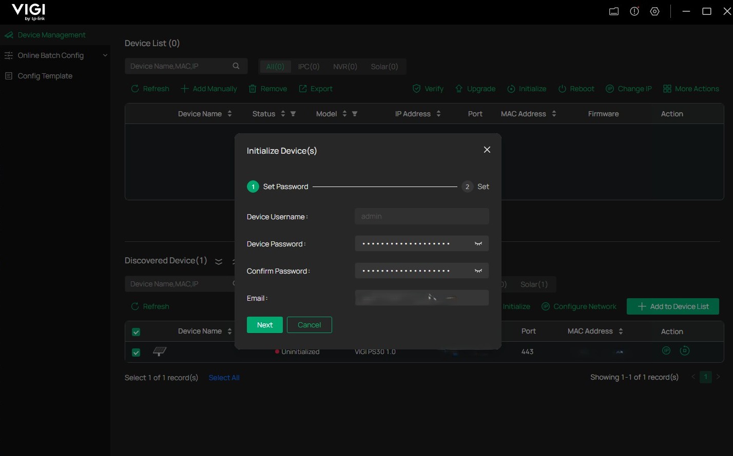 Alt text: a screenshot of the VIGI config tool showing the login credentials setup.