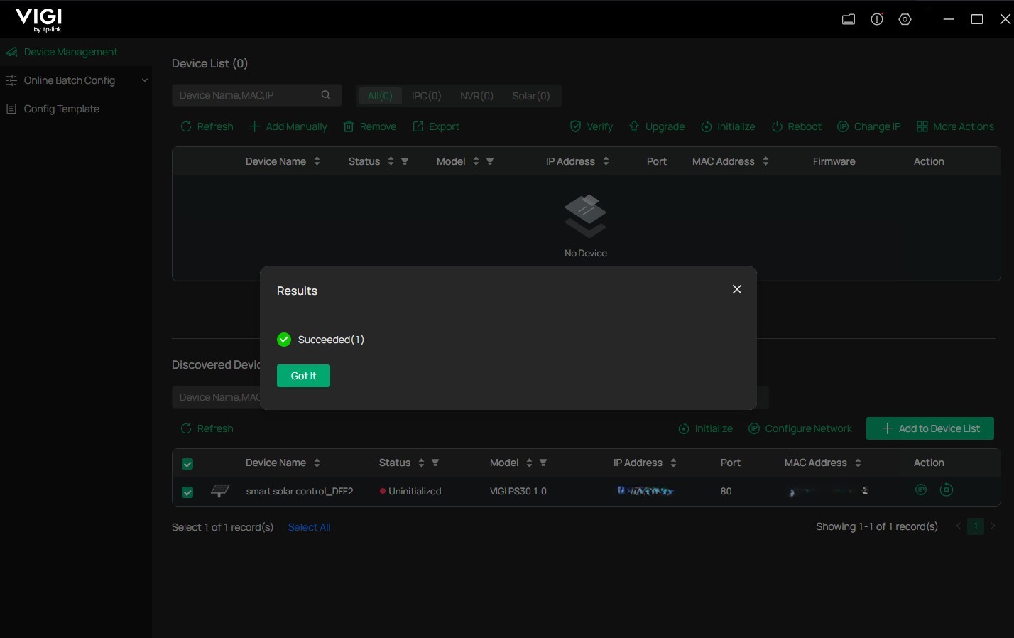 Alt text: a screenshot of the VIGI config tool showing the success of the device initialization.
