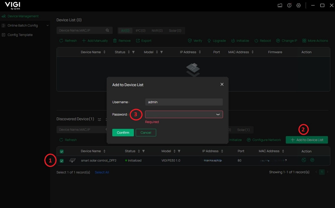 Alt text: a screenshot of the VIGI config tool showing the addition of the device to the devices list.