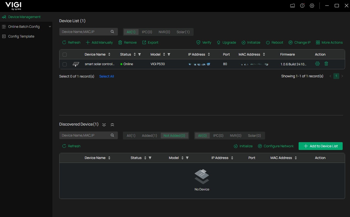 Alt text: a screenshot of the VIGI config tool showing the device status after adding it to the devices list.