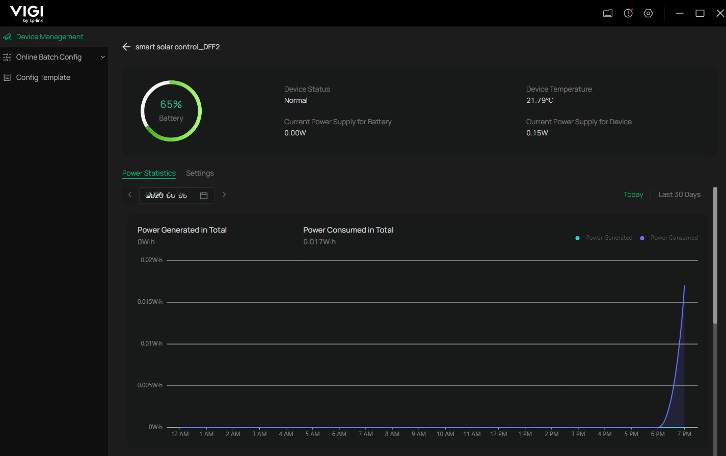 Alt text: a screenshot of the VIGI config tool showing the device’s power statistics.
