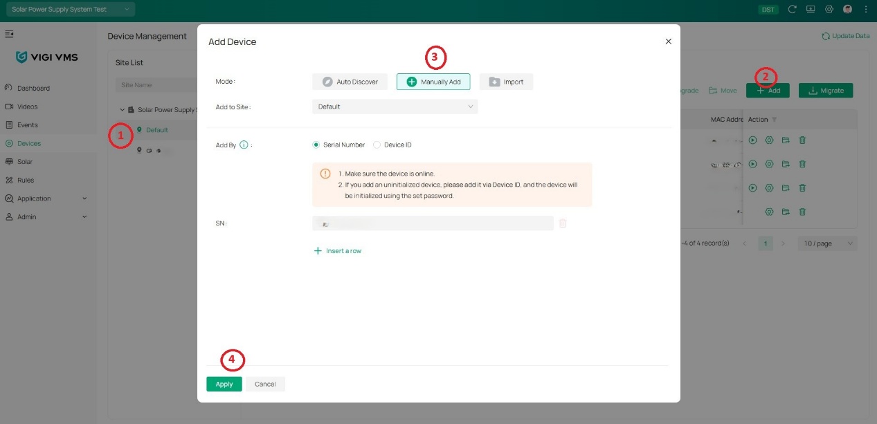 Alt text: a screenshot of the VIGI cloud VMS showing the addition of the device.
