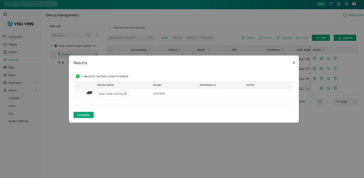 Alt text: a screenshot of the VIGI Cloud VMS showing the success of adding the solar system controller.