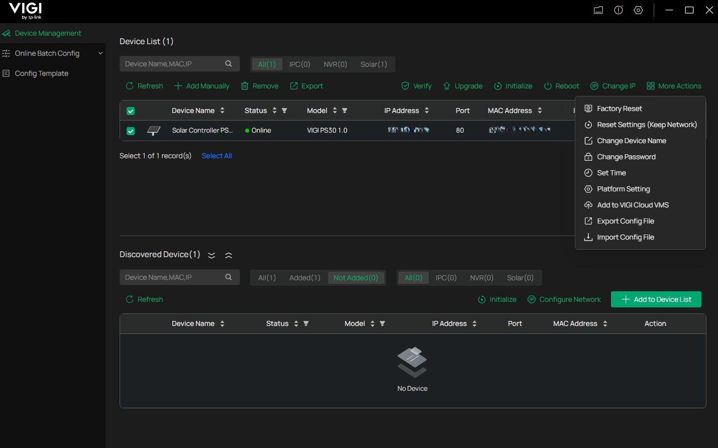 alt text: solar controller's configuration page in VIGI config tool.