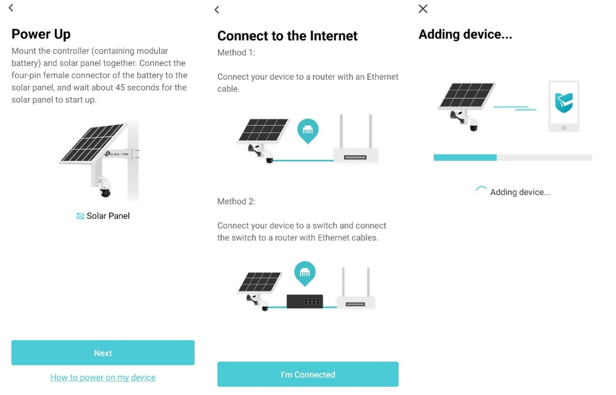 Alt text: screenshots of the VIGI App showing the addition process of the solar controller.