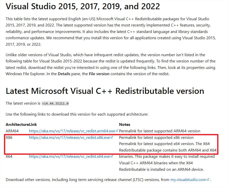Alt text: Manually download the Microsoft Visual C++ Redistributable (x86)