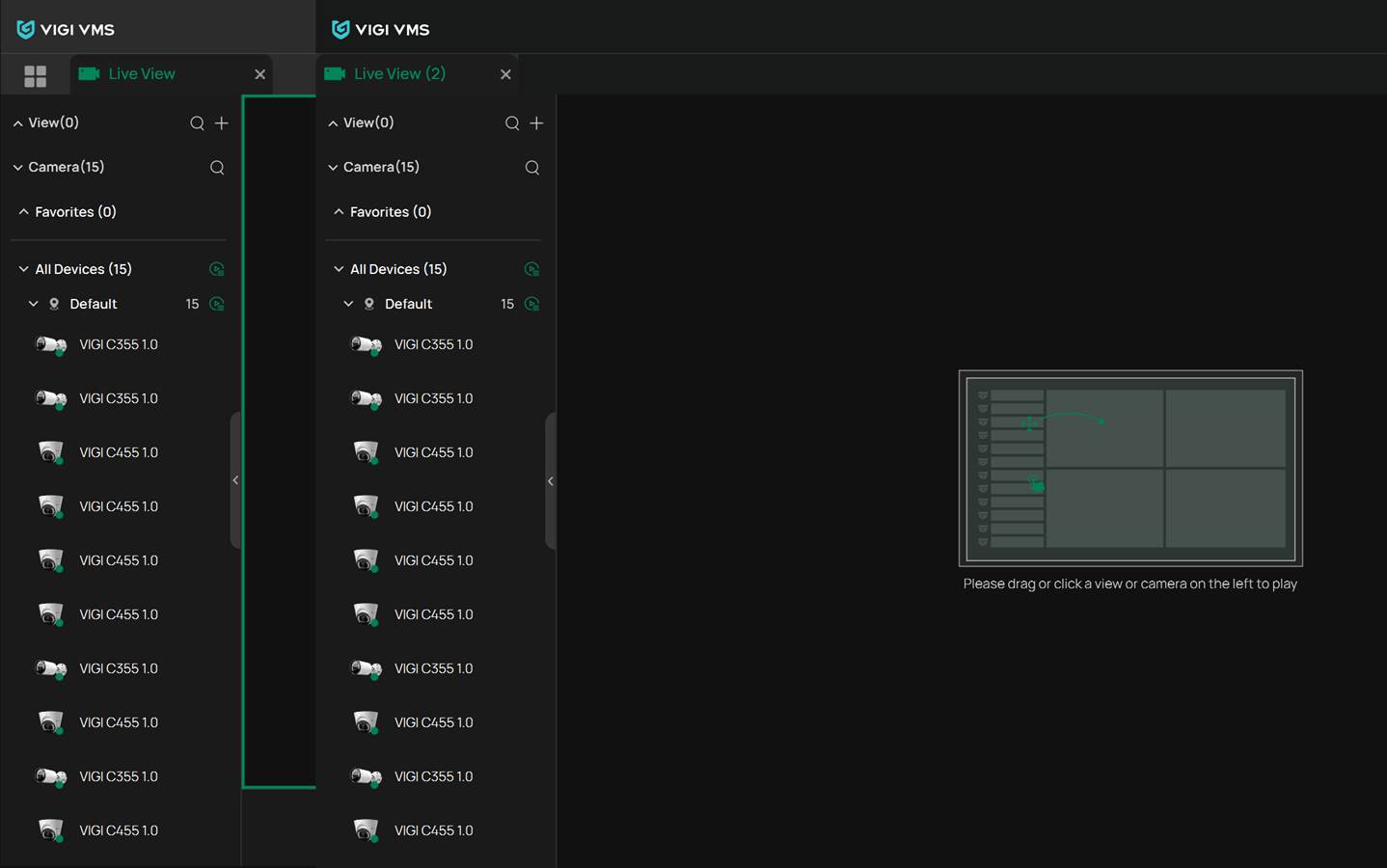 Alt text: Two Live View windows side by side, each with selectable content on the left panel.