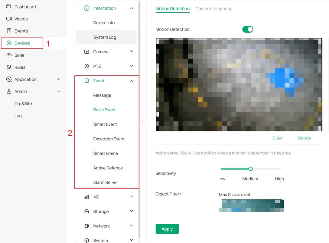 Alt text: Web Interface where you can configure different event detection.