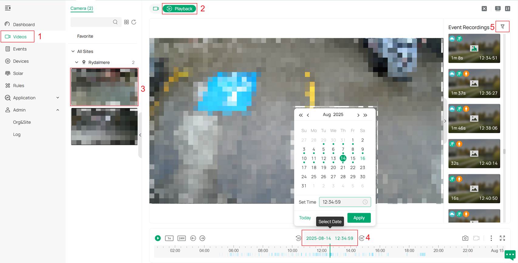 Alt text: How you can view playbacks and where to find the event filtering feature.