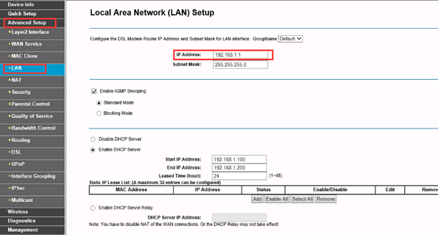 "Advanced Setup > LAN" page.
