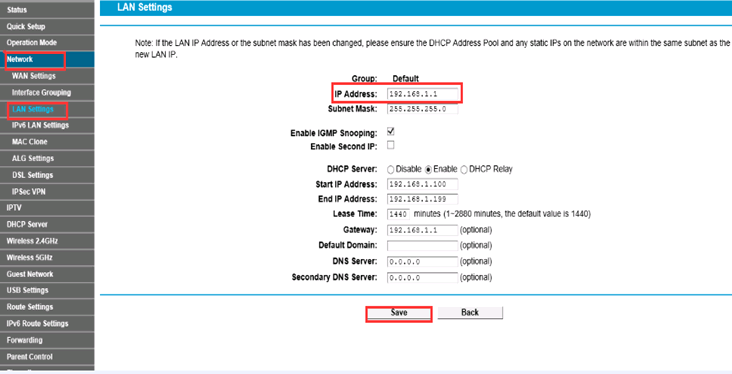 "Network-LAN settings" page.