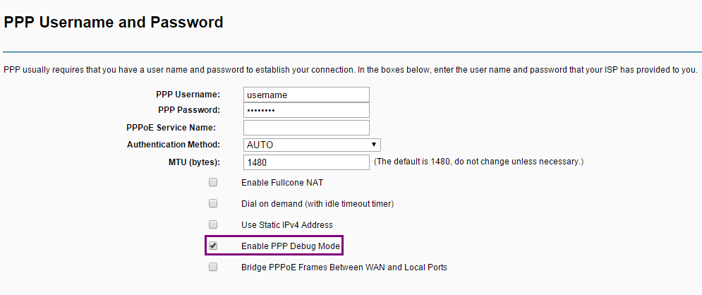 "PPP Username and Password" page.