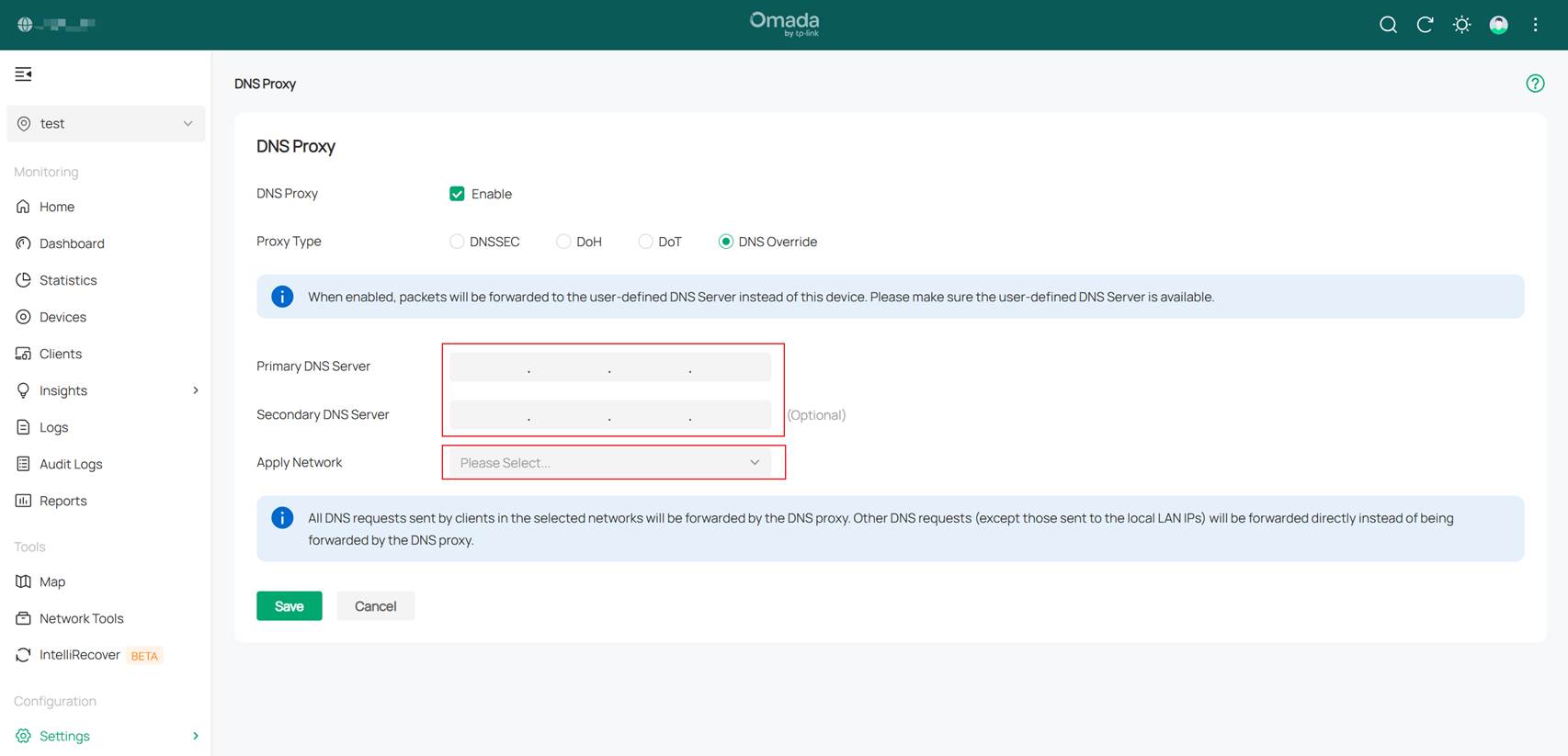 Alt Text: Showcase configuration page of DNS Override.