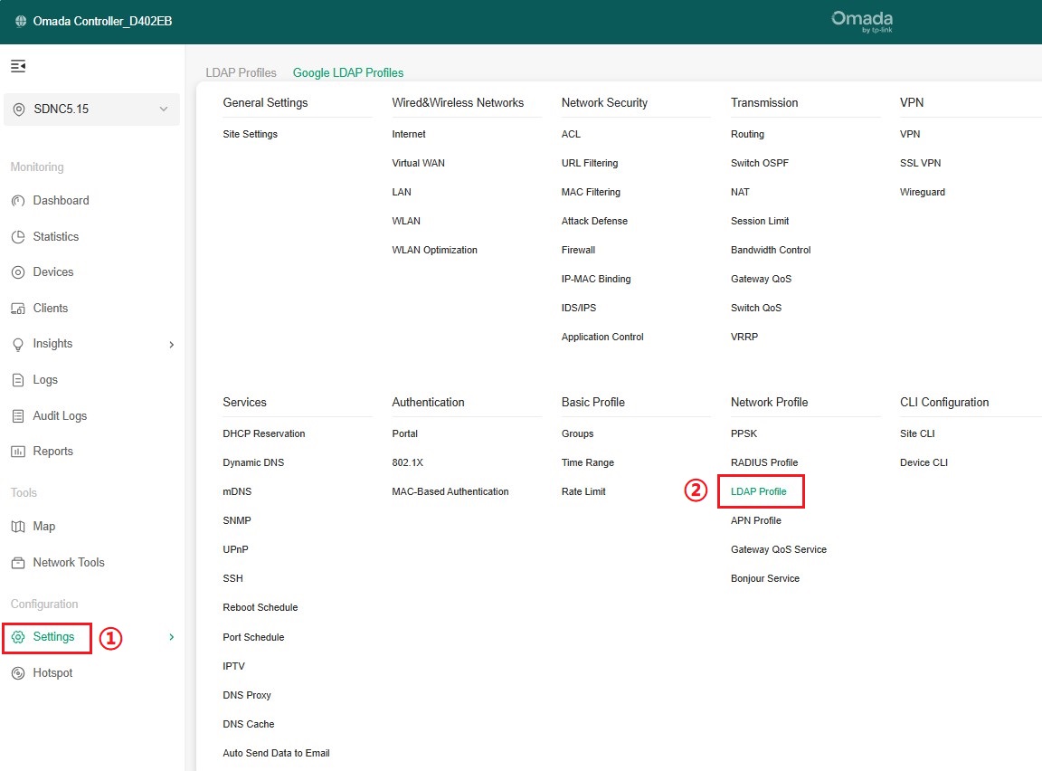 Alt Text: Show the entrance of the LDAP Profile in the Controller