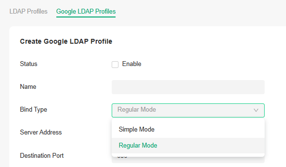 Alt Text: list of Bind Type, including Simple Mode and Regular Mode.
