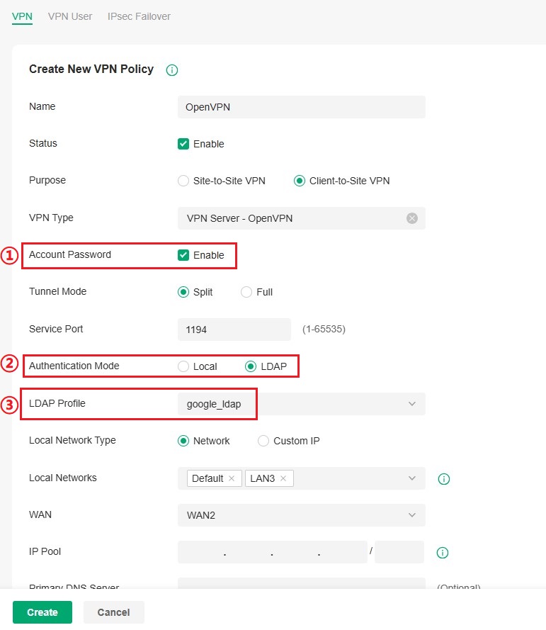 Alt text: Showcase configuration of VPN Policy configuration.
