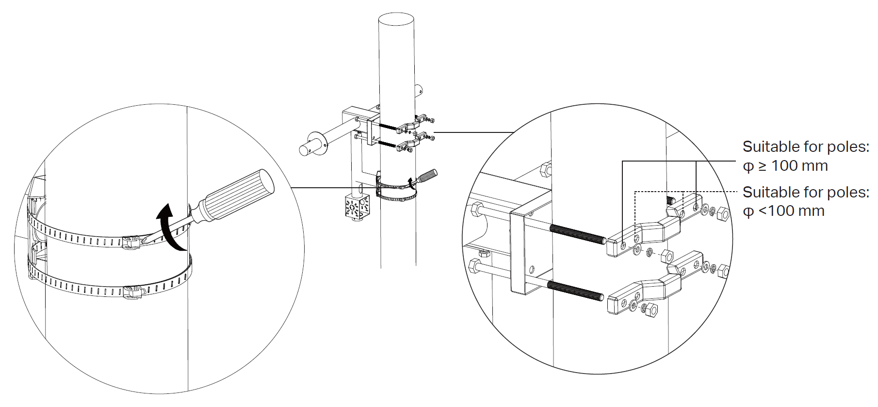 Alt text: Install the main bracket and mount it to the pole.