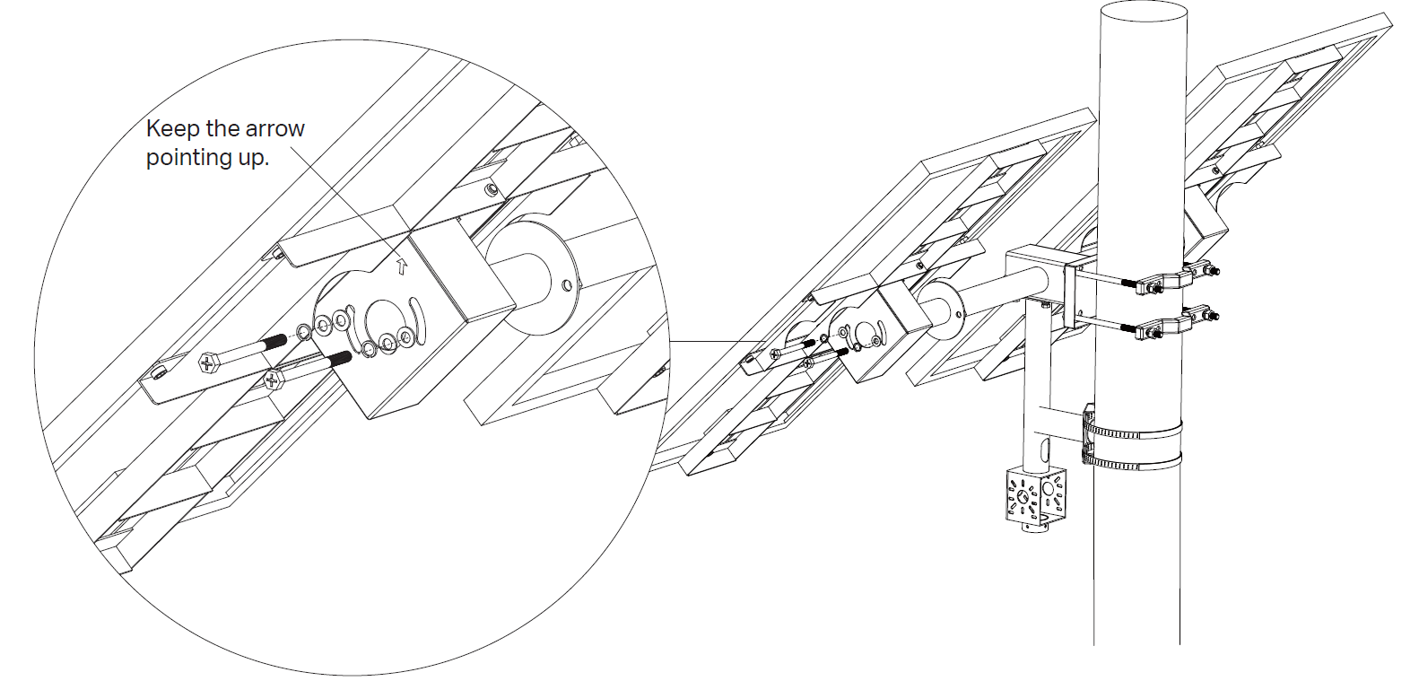 Alt text: Install the solar panel onto the main bracket and adjust the tilt angle.