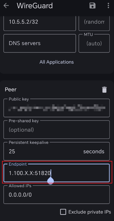 The Endpoint address in the WireGuard protocol has been replaced with 1.100.X.X:51820.