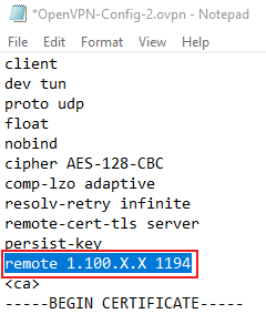 The remote address in the OpenVPN configuration file has been replaced with 1.100.X.X.
