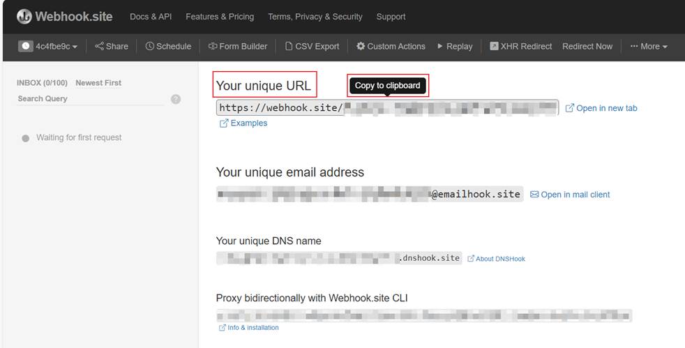 Alt text: Enter the website https://webhook.site/.