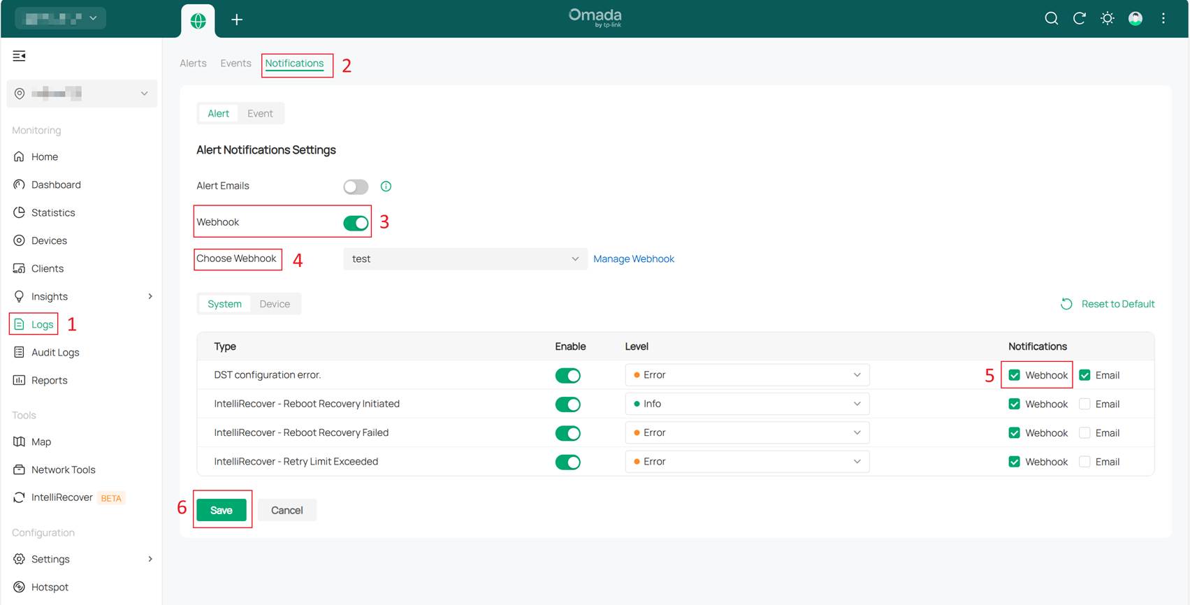 Alt text: Enable webhook notification functionality for specific alerts or events.