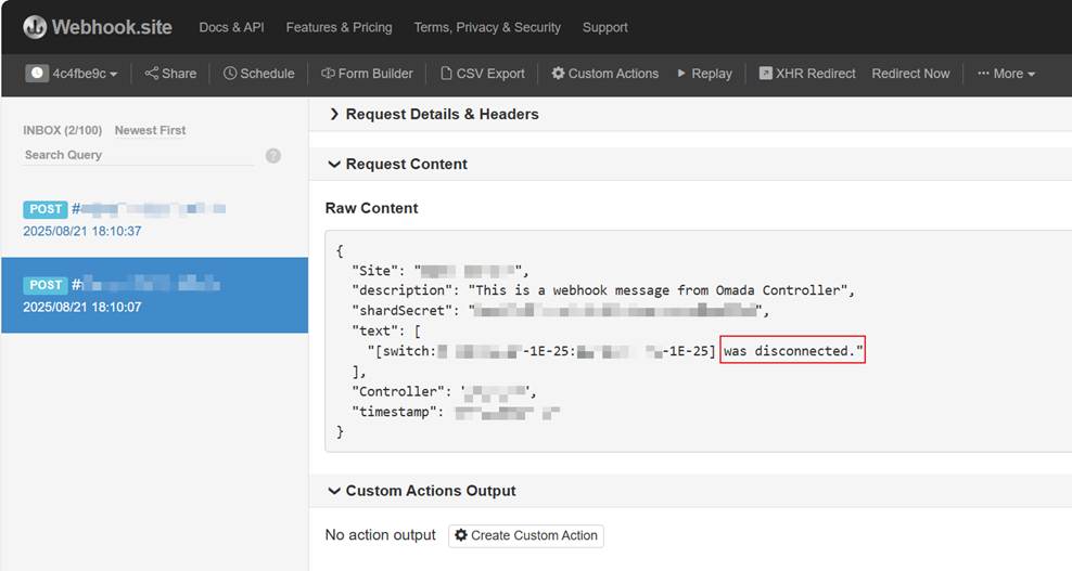 Alt text: Notifications sent by the Controller can be viewed in the webhook server.