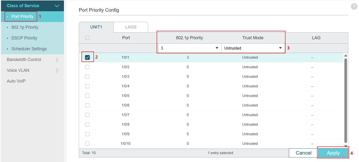 Alt text: Port priority configuration page.