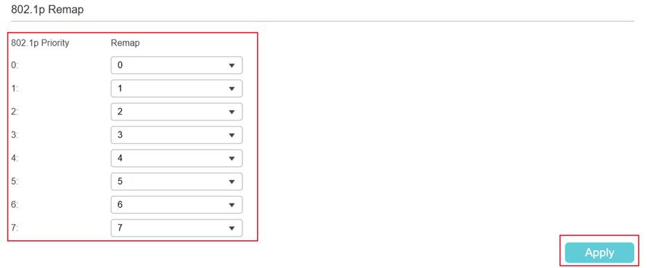 Alt text: 802.1p remap configuration page.