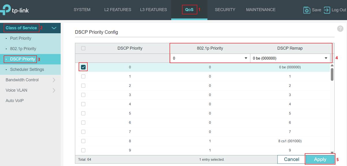Alt text: DSCP priority configuration page.