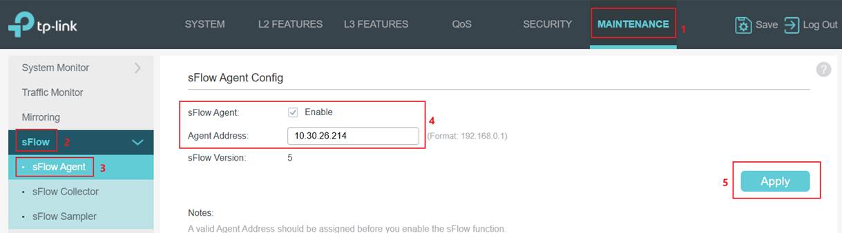 Alt text: The sFlow Agent configuration page.