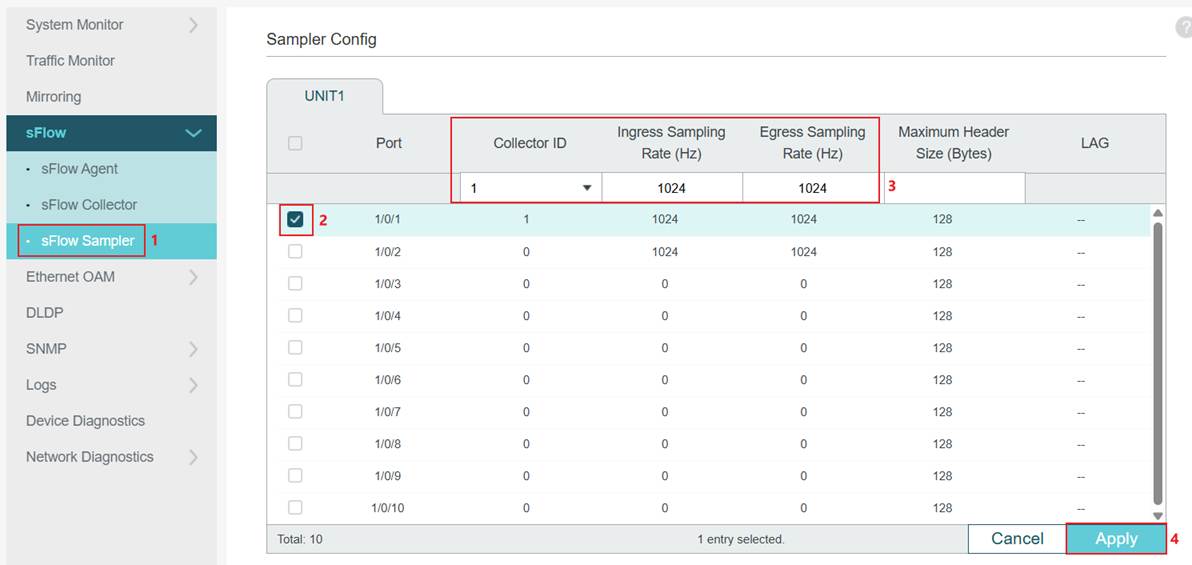 Alt text: Configuration page of sFlow Sampler on Omada Access and Aggregation switches.